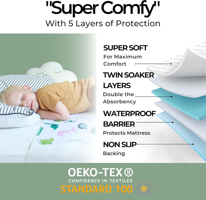 Hygge Sheets® Potty Training Bed Pads | 100% Waterproof | Bed Wetting Sheets for Single and Toddler Beds | Non Slip, Easy to Change at Night | Includes Free Children'S E-Book | UK Brand | Dinosaur