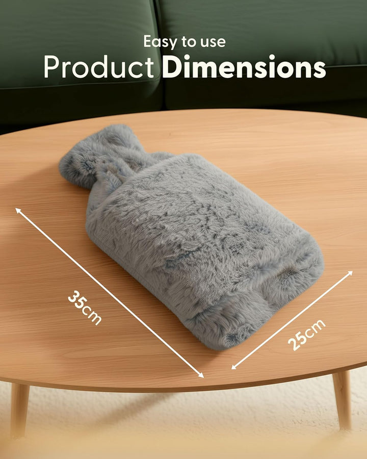 Hot Water Bottle 2L with Soft Faux Fur Cover, Leakproof Natural Rubber, Long Lasting Warmth for Neck, Back & Hands, Fluffy Cosy Design for Men & Women, Winter Comfort - Grey