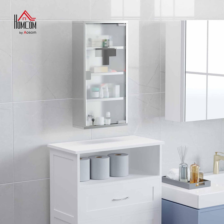 4 Tier Stainless Steel Wall Mounted Medicine Cabinet Glass Lockable Door Storage Shelves Houseware Bathroom Furniture 60Hx30Wx12D(Cm) W/2 Keys