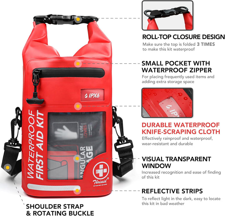 208 PCS Waterproof First Aid Kit, Roll Top Reflective Boat Dry Bag Bug Out Bag, Emergency Medical Kit Ideal for Boating, Camping, Fishing, Kayaking, Floating, Red