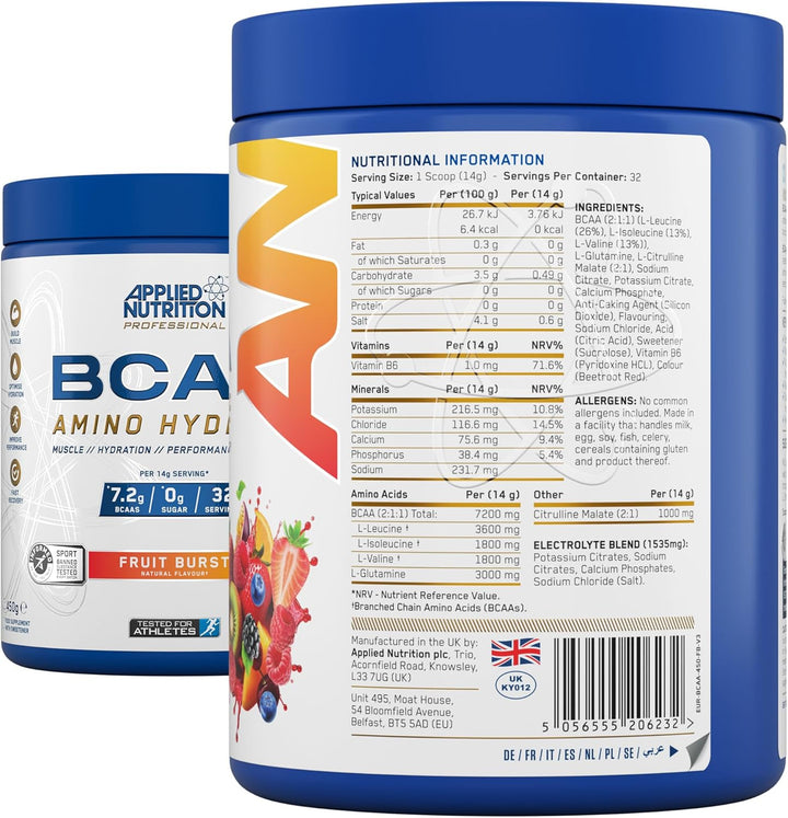 BCAA Powder - Branched Chain Amino Acids Bcaas Supplement, Amino Hydrate Intra Workout & Recovery Energy Drink (450G - 32 Servings) (Fruit Burst)