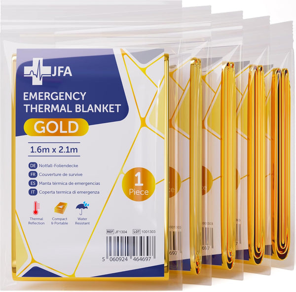 5 X Individually Packaged Gold Colour Medical First Aid Foil Survival Blankets for Personal Use - Reflective to Maintain Body Heat