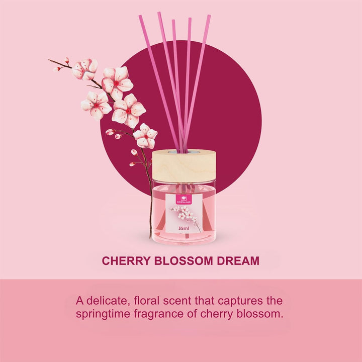35Ml Cherry Blossom Air Fresheners for Home - Reed Diffusers for Home - Home Fragrance Lasts Upto 8 Weeks - Room Diffuser Sticks with Coloured Fragrance Oil