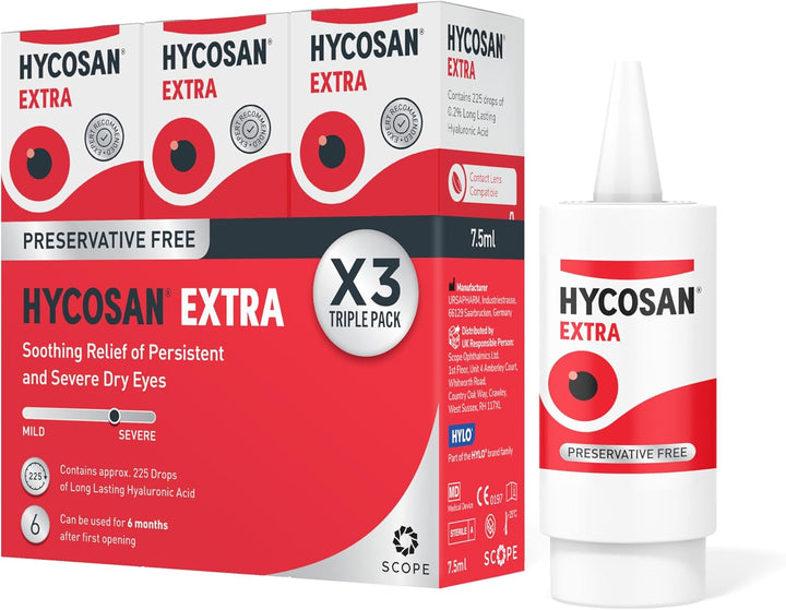 Hycosan Extra - Twin Pack - Eye Drops with Hyaluronic Acid for Soothing Relief of Severe and Persistent Dry Eyes - Contact Lens Compatible - Preservative Free - 2 X 225 Measured Doses