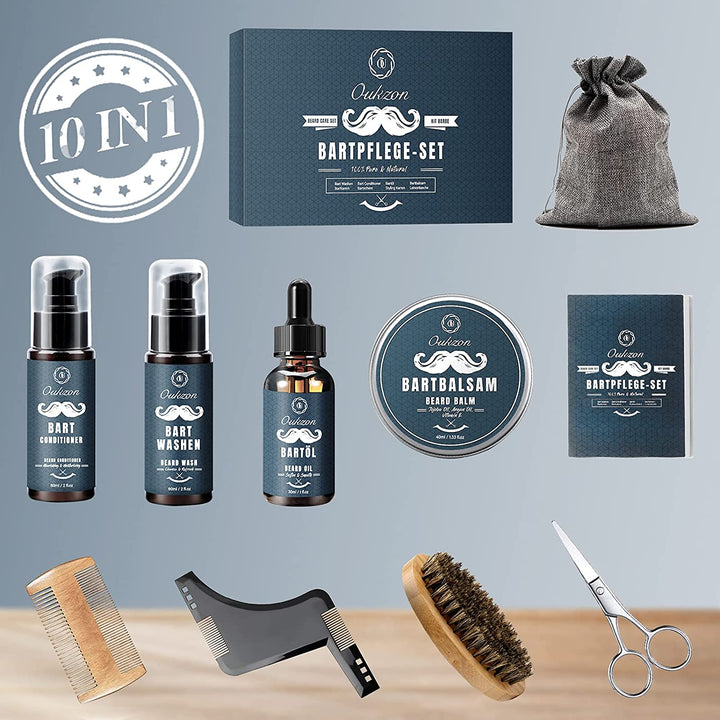 Beard Grooming Kit for Men, 10 in 1 Beard Trimming Gift Set with Beard Shampoo, Beard Conditioner, Beard Oil, Balm, Beard Comb,Brush, Scissors, Beard Shaper and Storage Bag -Mens Beard Growth Care Set