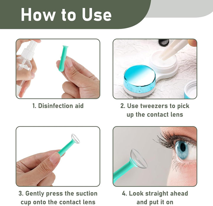 6 Pack Silicone Contact Lens Inserter, Contact Lens Remover with 2 White Tweezers, Hygienic Suction Holder for Soft and Hard Lenses Ideal for Travel and Daily Use Lightweight and Portable Design Green