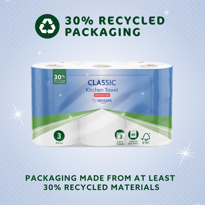 Classic Kitchen Roll, 3-Ply, Strong and Absorbent, 3 Rolls (1 Pack of 3), 80 Sheets per Roll, FSC Certified