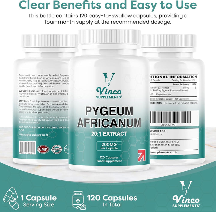 Vinco Pygeum Africanum 4,000Mg Equivalent - 200Mg of 20:1 Extract - 120 High Strength Capsules - 13% Phytosterols - Prostrate Health Supplement - Non-Gmo & Gluten Free – Made in UK
