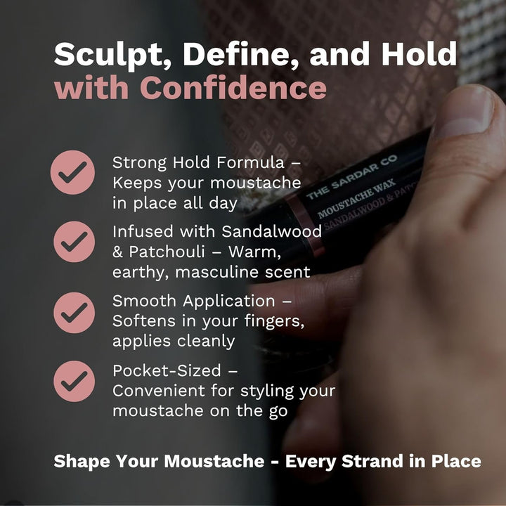 Sandalwood & Patchouli Moustache Wax | Ultra Strong Hold for Perfect Styling | Natural Ingredients | Softens & Conditions | Long-Lasting Rich & Earthy Scent | No Flaking | 5G
