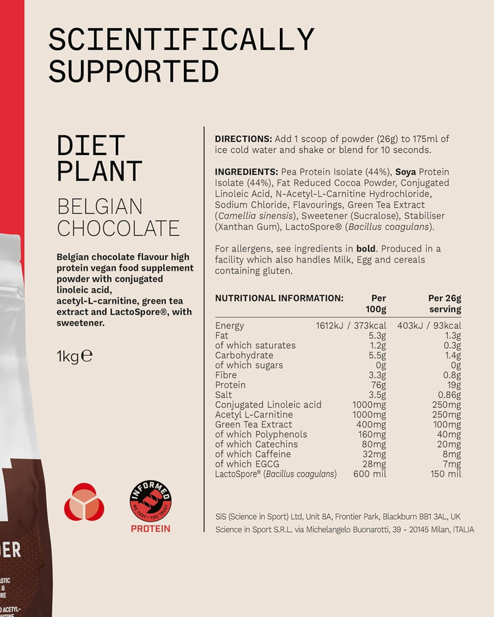 Nutrition Diet Plant, High Protein Lean Matrix, Vegan Diet Protein Powder, Belgian Chocolate, 19G of Plant Protein, 40 Servings per 1 Kg Bag (Packaging May Vary)