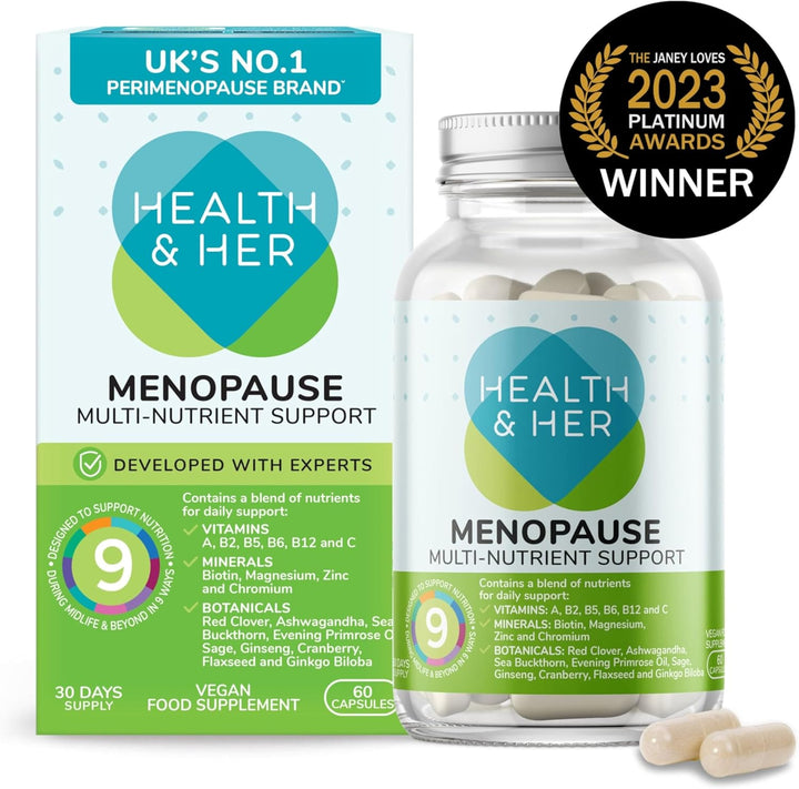 Health & Her Menopause Supplements for Women - Multi-Nutrient Wellbeing Support - Wellbeing for Menopause - 1 Month Supply, 60 Capsules - Vegan