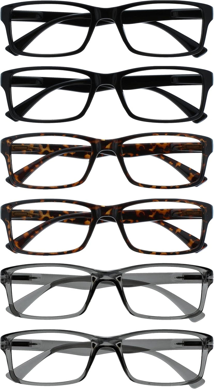 PEP Classic Reading Glasses for Women Men, Scratch Resistant Rectangular Frame with Spring Hinges, Black, +2.5 (Pack of 6)