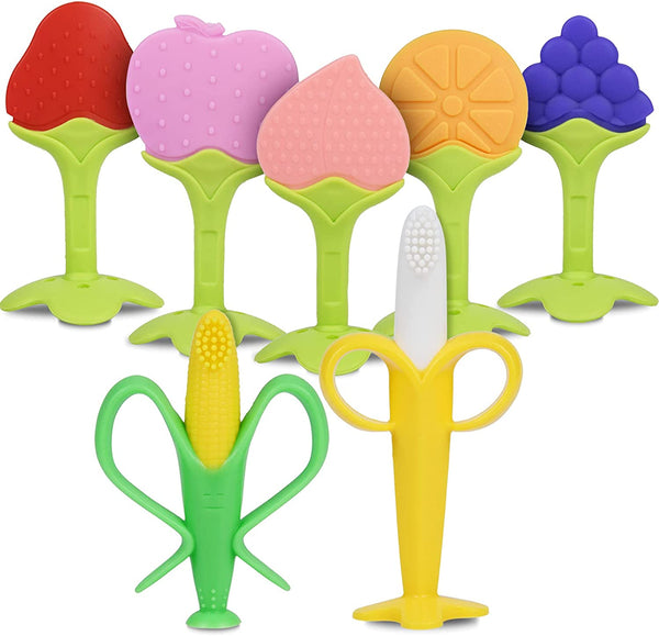 Teething Toys for Baby, 7PCS Baby Silicone Teething Toy Training Babys Toothbrush Teether Chew Toy for Self-Soothing Organic Babys Teethers Massage Set, Newborn Infant, Babies Shower Gift