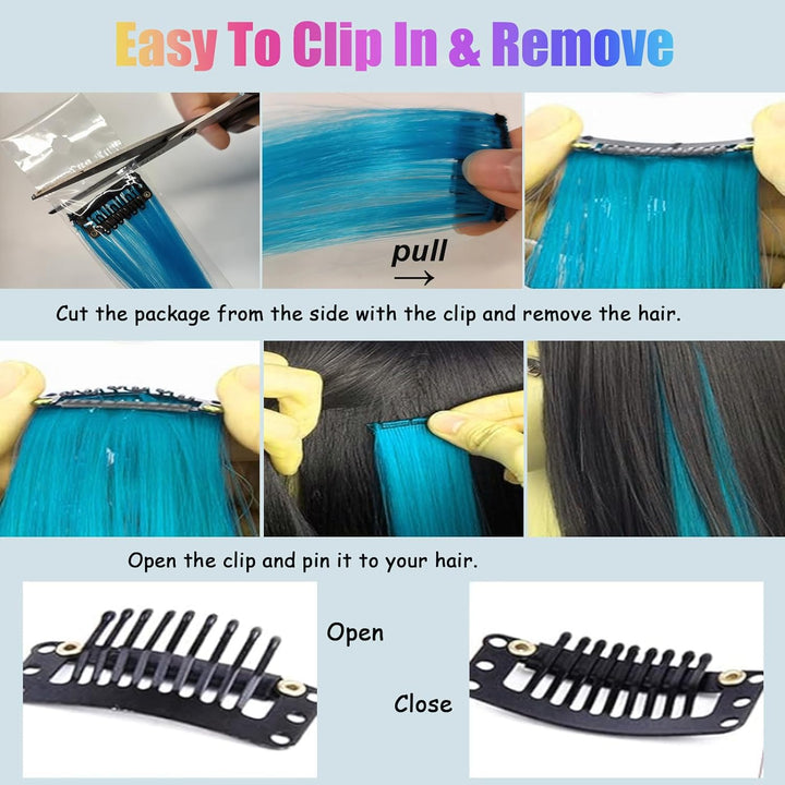 20PCS DIY Clip in Coloured Hair Extensions for Kids, Girls, Women - 22 Inch Silky Rainbow Straight Extensions, 10 Colours for Party Highlights and Crazy Hair Day