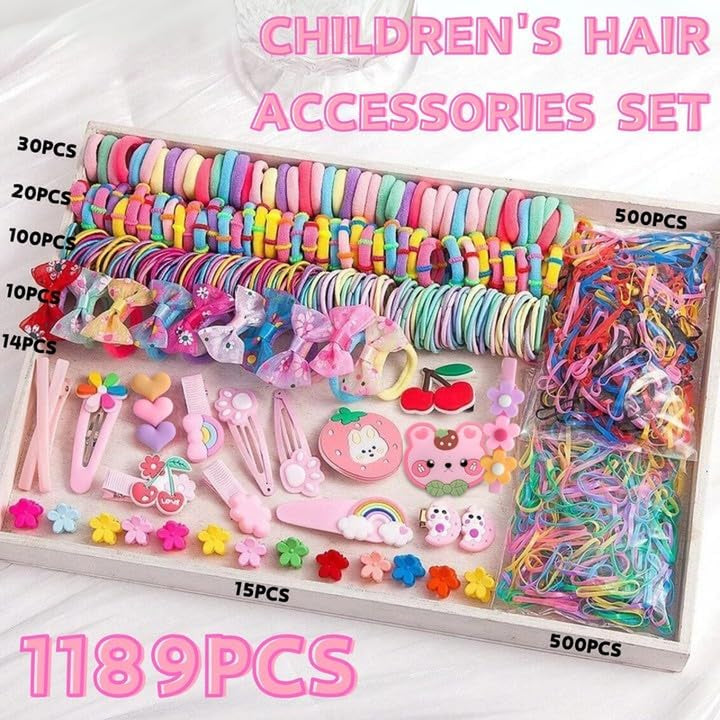1189 Pcs Hair Bands and Bobbles Set - Colorful Elastic Ties, Cute Clips, No Damage Barrettes Accessories for Girls, Kids and Children with Fine Hair