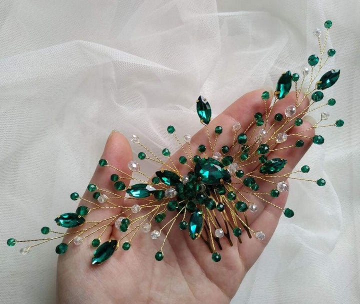 Women Gold Headpiece Teardrop Emerald Green Crystal Hair Vine Comb Wedding Hair Accessory Rhinestone Hair Piece Gift for Her Party Headress for Bride Bridesmaid Girls(Gold)