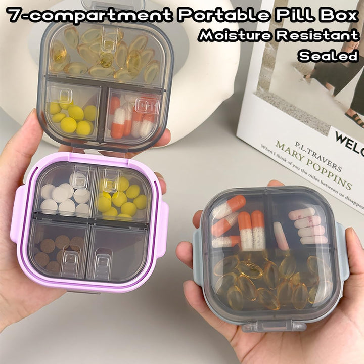 Pocket Pill Case Box, Pill Dispenser 7 Compartments, Weekly Medication Organiser, Vitamin Medication Case Airtight & Moistureproof (Purple Gray)