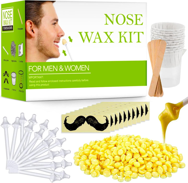 Nose Wax Kit for Men and Women, Nose Hair Removal Wax with 100G Nasal Hair Wax 20 Safe Tip 10 Wooden Applicators, 10 Containers and 10 Moustache Stencils,Painless, Easy and Quick