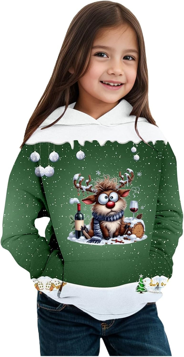2025 Christmas Print Girls Hooded Sweatshirt Long Sleeve Pullover Top for Winter Holiday Festive Outfit Cozy Fleece Lined Soft Casual Wear