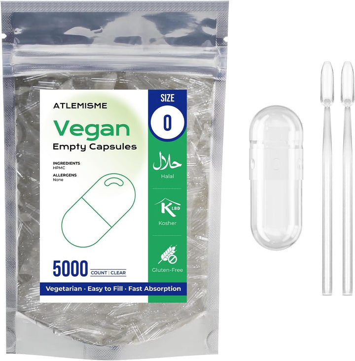 Empty Capsules Size 0 100 Count,Clear Empty Vegan Capsules Kosher,Halal and Non GMO Certified for DIY Supplements.Hypoallergenic Veggie Capsule Empty with 2 Spoons,Adapted to the Capsule Filler