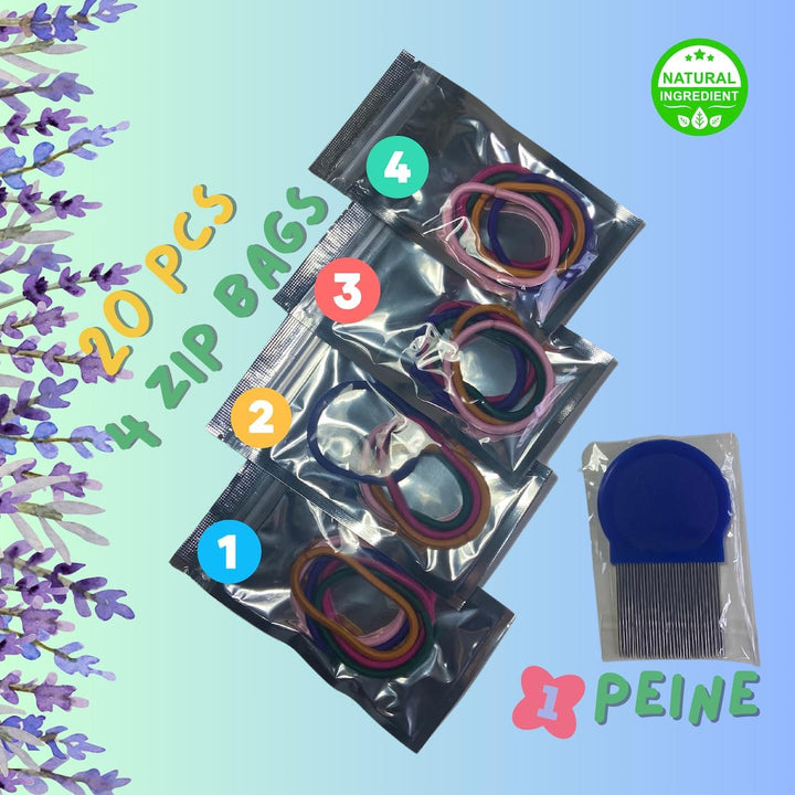 Hair Bobbles against Lice + Nit Comb | Pack of 20 with Zip Pocket | 100% Natural with Essential Oils | Helps Prevent Lice Naturally