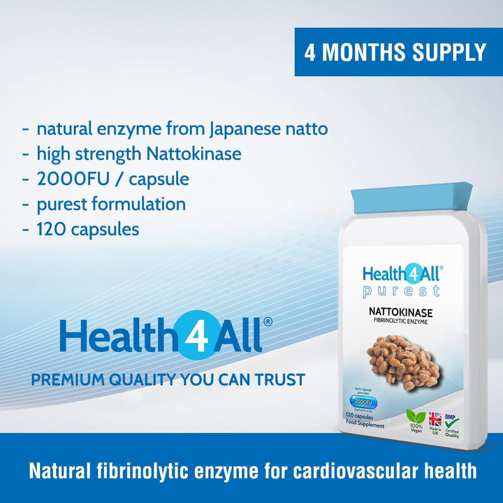 Nattokinase 2000FU per Capsule, 120 Capsules 4 Month Supply, Purest Vegan Protein Enzyme from Japanese Natto, High Strength Cardiovascular Health Support Nattokinase Supplement | Made in UK