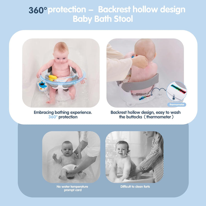 Baby Bath Seat for Babies 6 Months & up with Thermometer Sticker, One-Touch Button for Easy Armrest Opening, Baby Sit up Bath Chair (Gray)