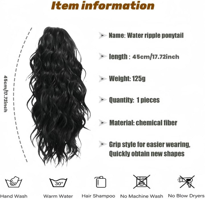 Black Hair Claw Clip with Long Curly Wavy Ponytail Extensions - Drawstring Ponytail for Women - Natural Black (18'')