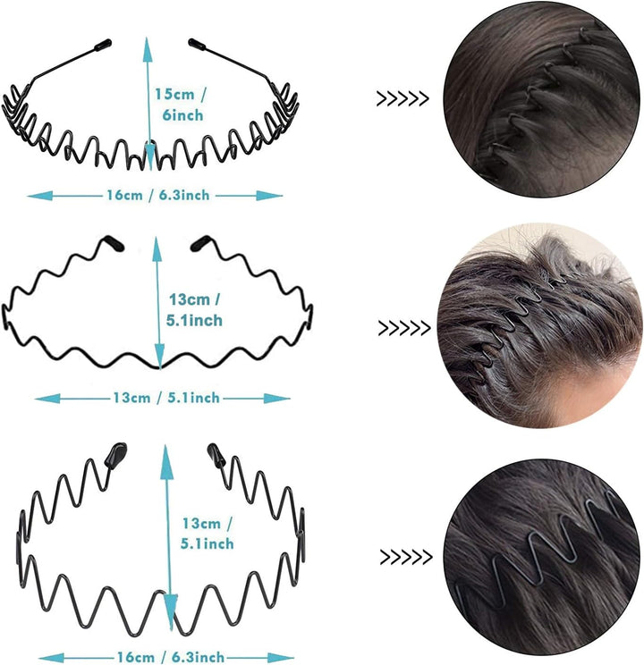 Metal Hair Band for Men,Women Elastic Wavy Hairband,Black Non-Slip Metal Headbands,Suitable for Outdoor Sports,Everyday Wear. (6 Pcs)