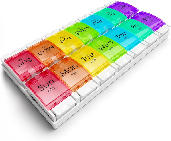 Weekly Pill Box Organiser/Reminder for Medicines Supplements, Vitamins, 7Days, 2 Compartments per Day