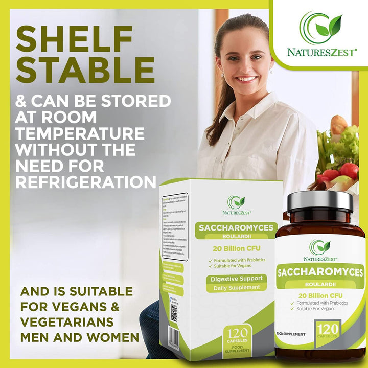 Saccharomyces Boulardii 20 Billion CFU - 120 Capsules | High Strength Prebiotics and Probiotics for Women & Men | Digestion Supplement with Natural Postbiotic Benefits | Vegan | 4 Months Supply