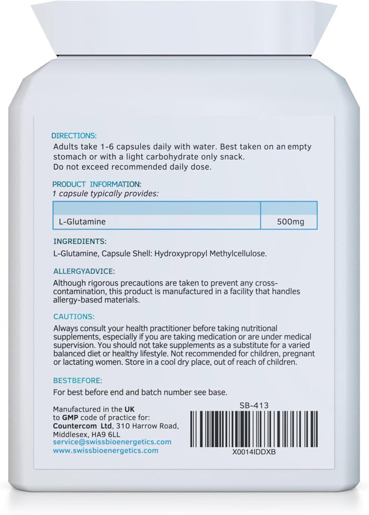 L-Glutamine 500Mg 90 Capsules - Pure Amino Acid with No Fillers or Binders - Suitable for Vegetarians and Vegans – Exclusively Manufactured in the UK