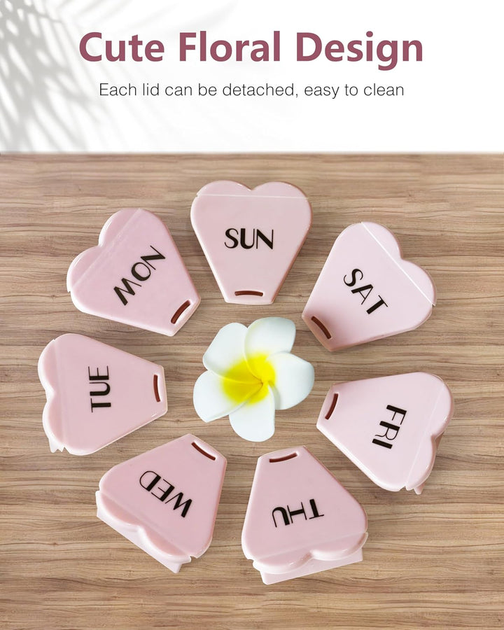 Weekly Pill Organiser, Cute, 7 Day, Large Compartments, Portable Tablet Box, Round, Vitamin and Supplement Case (Pink)