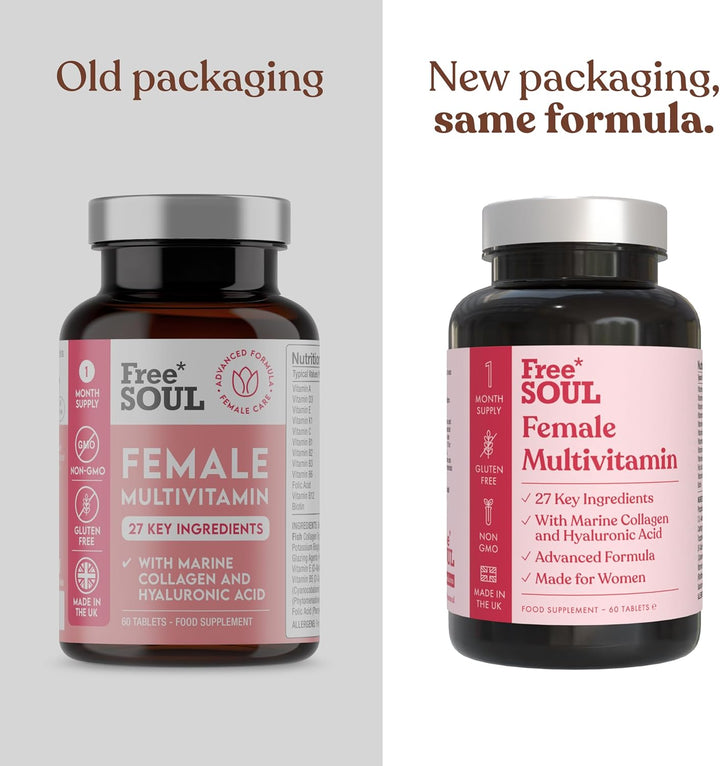 Women'S Multivitamins & Minerals with Marine Collagen & Hyaluronic Acid | 27 Essential Vitamins, Minerals, & Botanicals | Gluten-Free & No Synthetic Fillers or Binders | 60 Tablets |