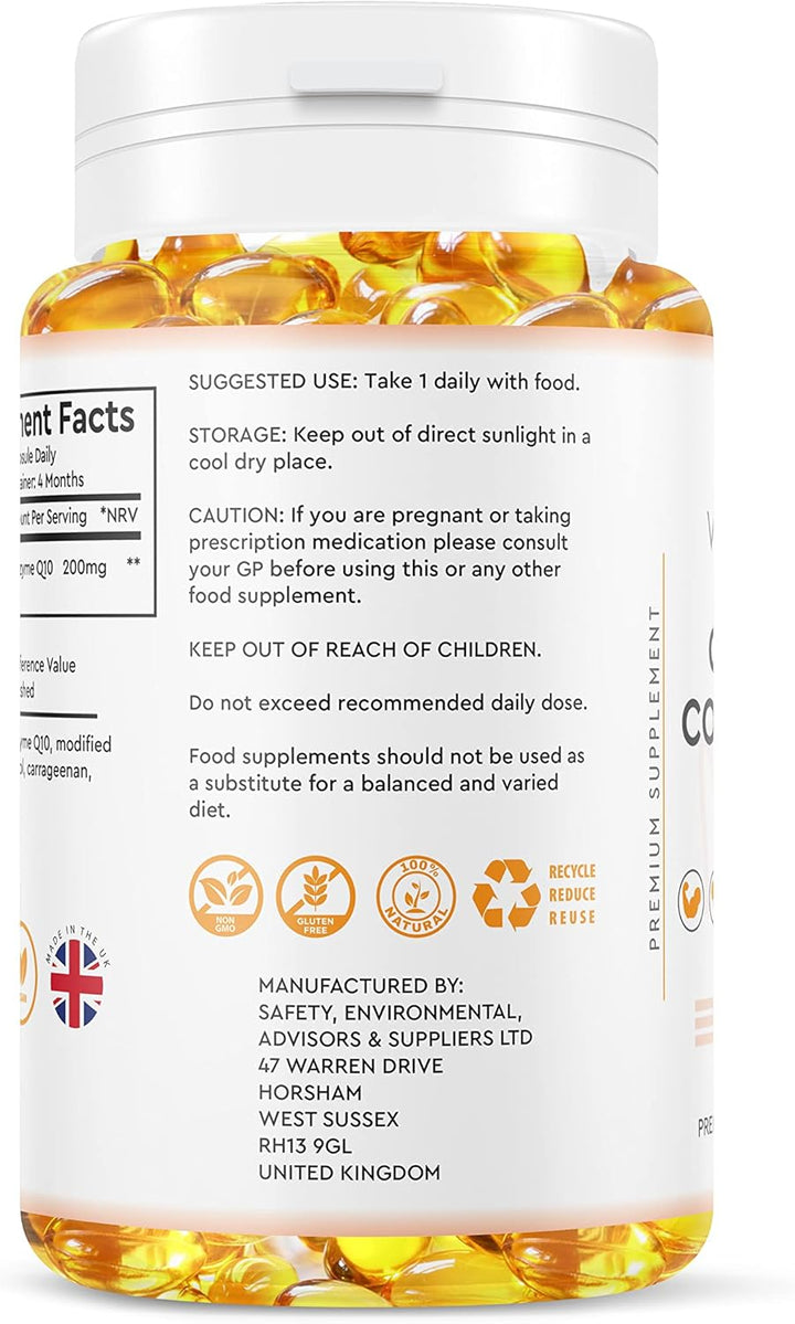 Coq10 200Mg - 120 Vegan Softgels (4 Month Supply) - Easy to Swallow - Vegan Ubiquinone Coenzyme Q10 - High Strength Coq10 Supplement for All Diets