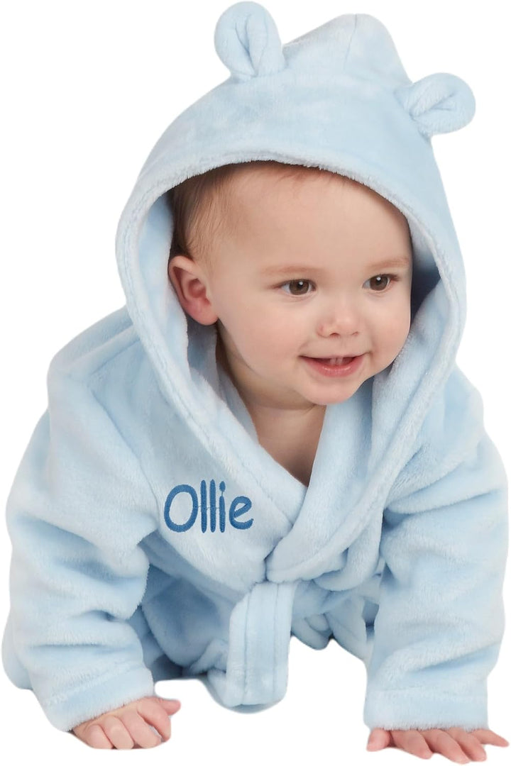Personalised Baby Bathrobe Hooded Fleece Dressing Gown Super Soft Gifts Bath Robe for Boys Girls Cute Teddy Ears 0-4 Years