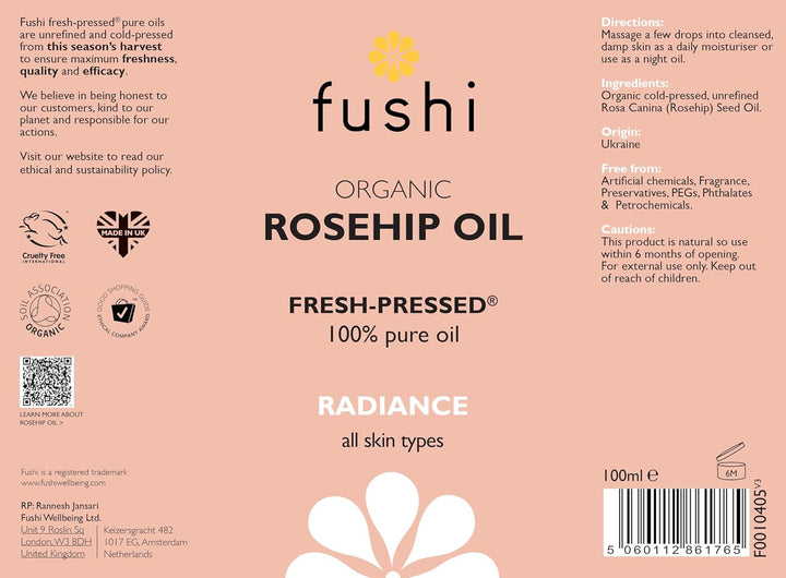 Organic Rosehip Seed Oil 100 Ml | Min Vitamin E 18.3 Mcg/G | Fresh-Pressed | Best for Scars, Fine Lines & Stretch Marks | Ethical & Vegan Society Approved | Manufactured in the UK