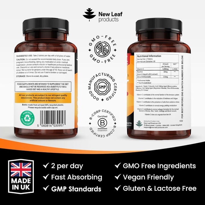 Vitamin C Tablets 1000Mg - Enriched with Bioflavonoids & Rosehip - Premium Vitamin C Supplements - Vegan Tablets High Strength Ascorbic Acid VIT C for Normal Immune System UK Made