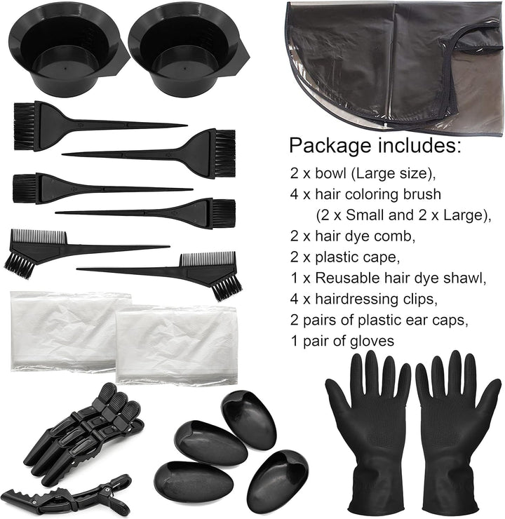 21 Pieces Hair Dye Tools, DIY Salon Hair Coloring Bleaching Tools Set Including Hair Tinting Bowl, Dye Brush, Ear Cover, Hair Highlighting Cape, Shawl, Gloves, Hair Clip Kits (21 Pcs, Black)