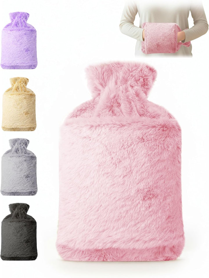 Hot Water Bottle 2L with Soft Faux Fur Cover, Leakproof Natural Rubber, Long Lasting Warmth for Neck, Back & Hands, Fluffy Cosy Design for Men & Women, Winter Comfort - Grey
