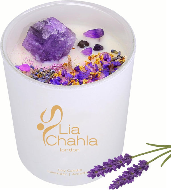Lavender Soy Candle Gifts for Women | Infused with Amethyst Crystals and Florals | Aromatherapy Spiritual Healing & Anxiety Relief, Christmas Gifts (Lavender/Amethyst, 10 OZ)