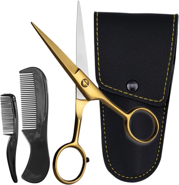 5" Beard Moustache Scissors Professional German Steel 2 Comb Carrying Pouch Mustache Trimming - Hand Forged Bevel Edge Precision Men Facial Hair Grooming Kit All Body Hair Black