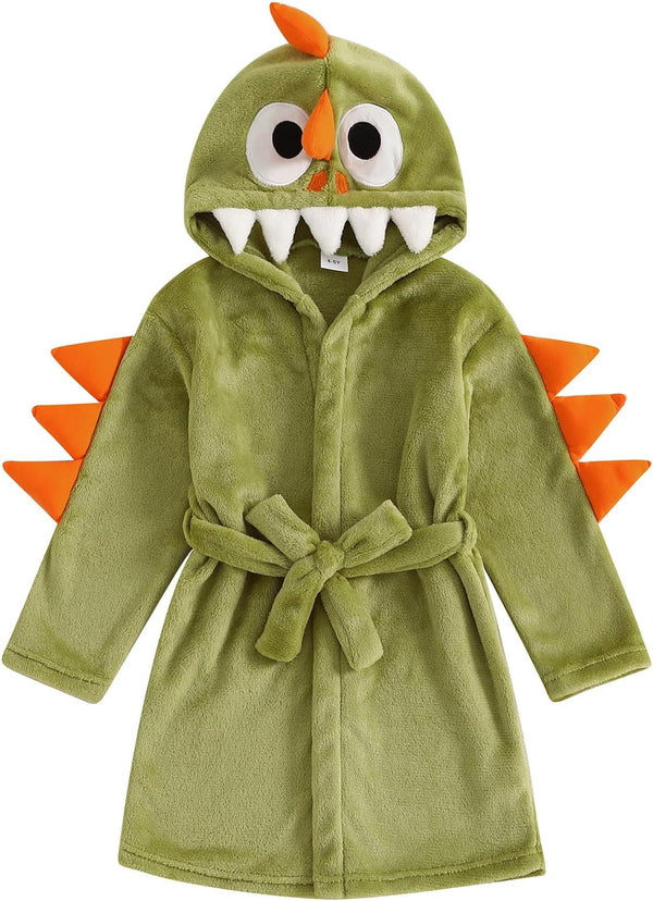 Toddler Boys Girls Bathrobe Cartoon Animal Plush Hooded Long Sleeve Sleep Robe Dinosaur Fleece Pajamas Dressing Gown Soft Cosy Velvet Warm Embroidery Sleepwear