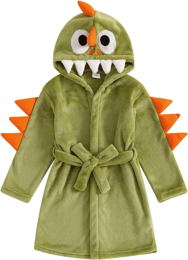 Toddler Boys Girls Bathrobe Cartoon Animal Plush Hooded Long Sleeve Sleep Robe Dinosaur Fleece Pajamas Dressing Gown Soft Cosy Velvet Warm Embroidery Sleepwear