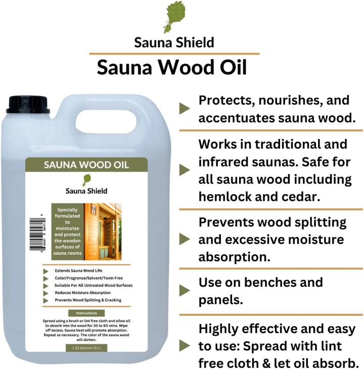 Sauna Wood Oil – 1.32 Gallons (5L / 169 Fl Oz) | Protects & Nourishes Sauna Wood | Solvent-Free, Unscented, Covers 600+ Sq Ft | for Traditional & Infrared Saunas