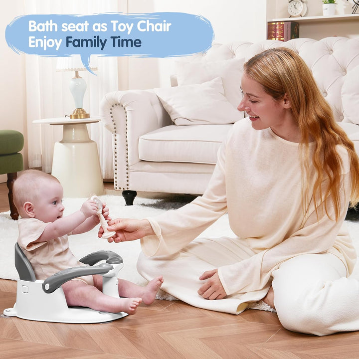 Baby Bath Seat for Babies 6 Months & up with Thermometer Sticker, One-Touch Button for Easy Armrest Opening, Baby Sit up Bath Chair (Gray)
