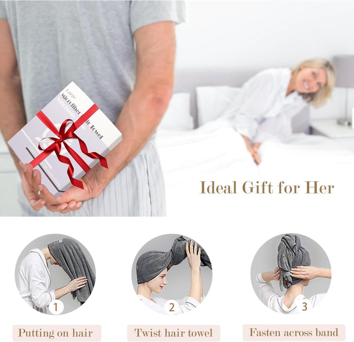 2-Pack Large Microfibre Hair Towel Wrap 86 X 26 Cm, Thicken Super Absorbent Hair Turbans for Wet Hair, Anti-Frizz Hair Drying Towel with Elastic Band for Women Long Thick Curly Plopping Hair