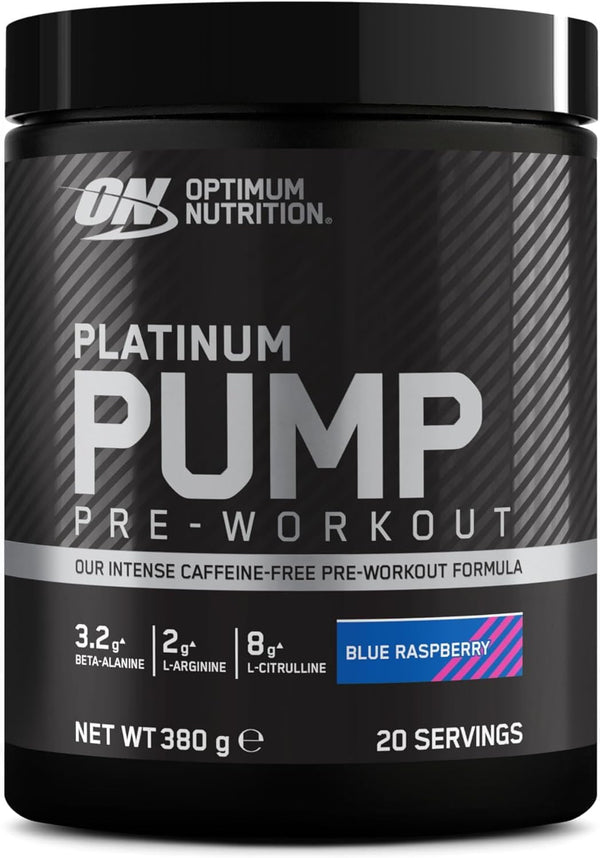 on Platinum Pump Pre-Workout, Intense Caffeine-Free Pre-Workout Food Supplement with Fruitflow, Beta-Alanine, L-Arginine, L-Citrulline, Blue Raspberry Flavour, 20 Servings, 380 G