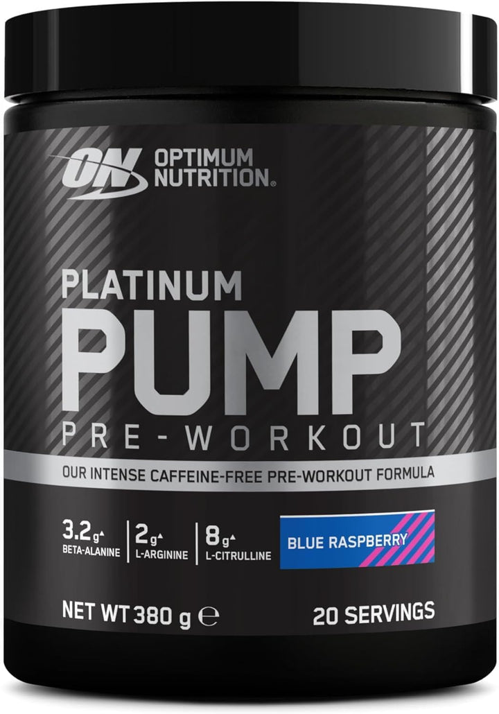 on Platinum Pump Pre-Workout, Intense Caffeine-Free Pre-Workout Food Supplement with Fruitflow, Beta-Alanine, L-Arginine, L-Citrulline, Blue Raspberry Flavour, 20 Servings, 380 G
