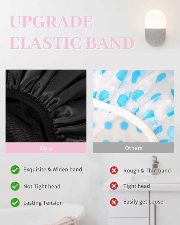 Shower Cap,Extra Large Triple Layer Bathing Cap with Dry Hair Function for Women Microfiber Terry Cloth Silky Satin 100% Waterproof Reusable Long Hair Bath Caps